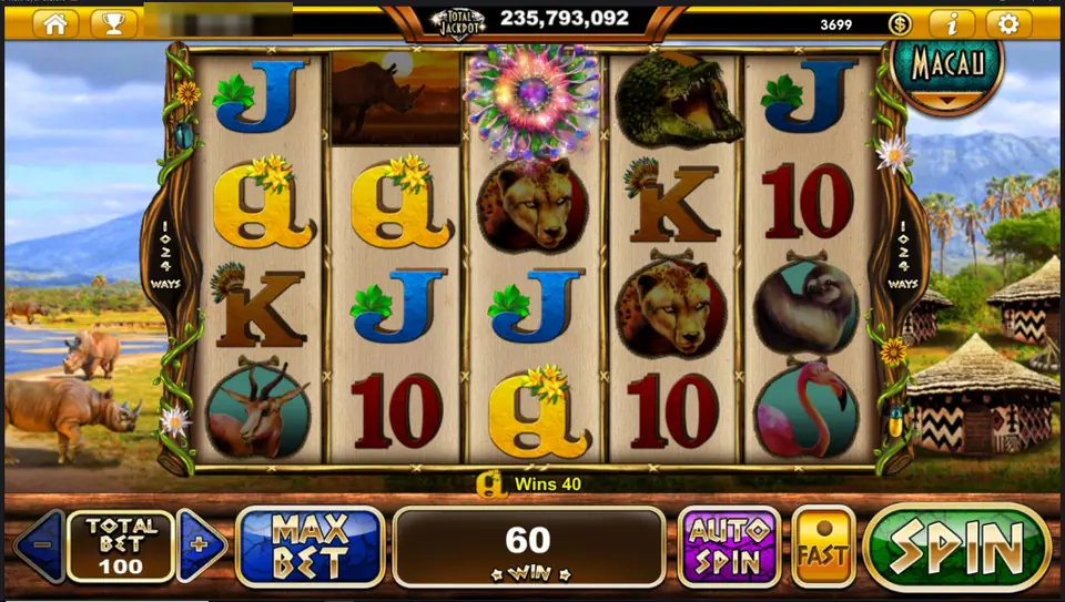 Rhino Crash with a glowing pink and purple flower at the top of the middle reel, a rhino-at-sunset tile on reel 2 and a win of 60
