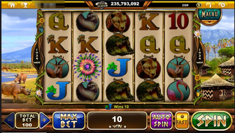 Rhino Crash with the flower symbol on reel 2, crocodiles and cheetahs, and a J win of 10 shown under the reels