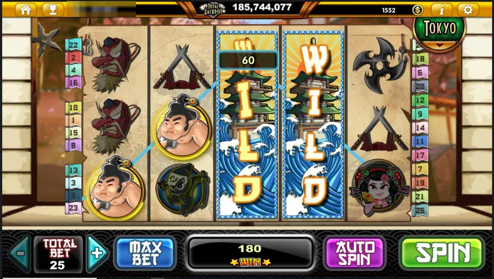 Samurai Heroes with two full-height pagoda WILD reels side by side on reels 3 and 4, sumo wrestlers on the left, and a win of 180