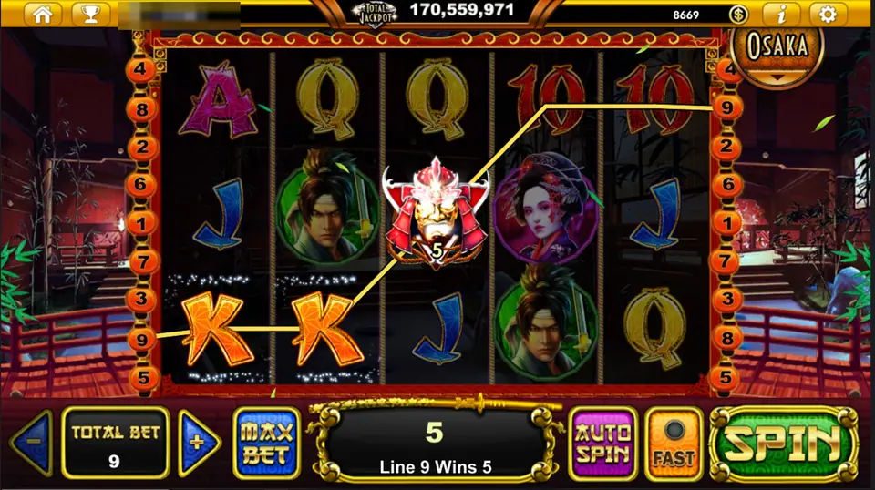 Samurai Sensei win of 5 on line 9, two orange K symbols and a red samurai helmet joined by a gold line