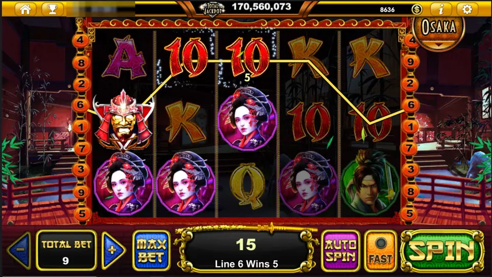 Samurai Sensei win on line 6 with the red helmet on reel 1 and two red 10s, geishas along the bottom row and 15 in the win box