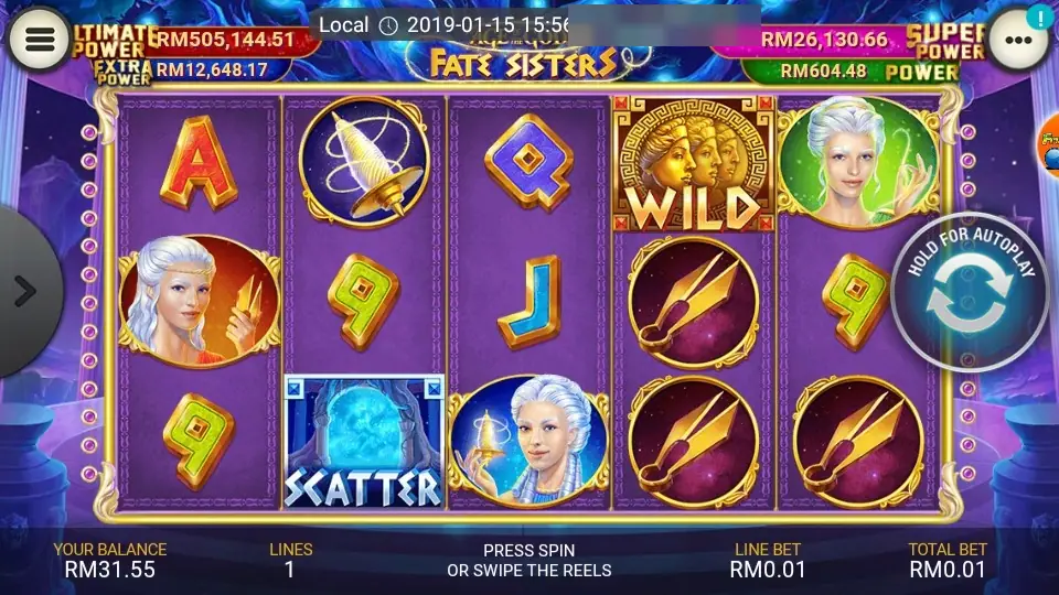 Fate Sisters slot on a purple background with white-haired Fates in round frames, golden shears, a spindle, a gold WILD tile, a blue SCATTER portal and jackpot counters at the top