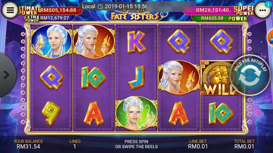 Fate Sisters reels with a gold WILD tile of three faces on reel four and several Fate portraits