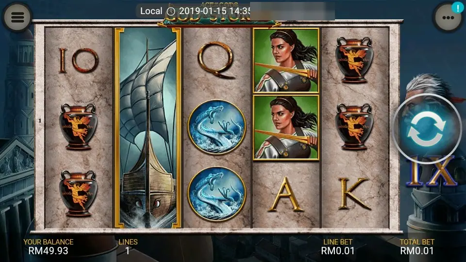 God of Storms slot with stone-grey reels, a tall sailing ship covering reel two, red-figure vases, a warrior woman symbol and a bearded storm god beside a 1X multiplier