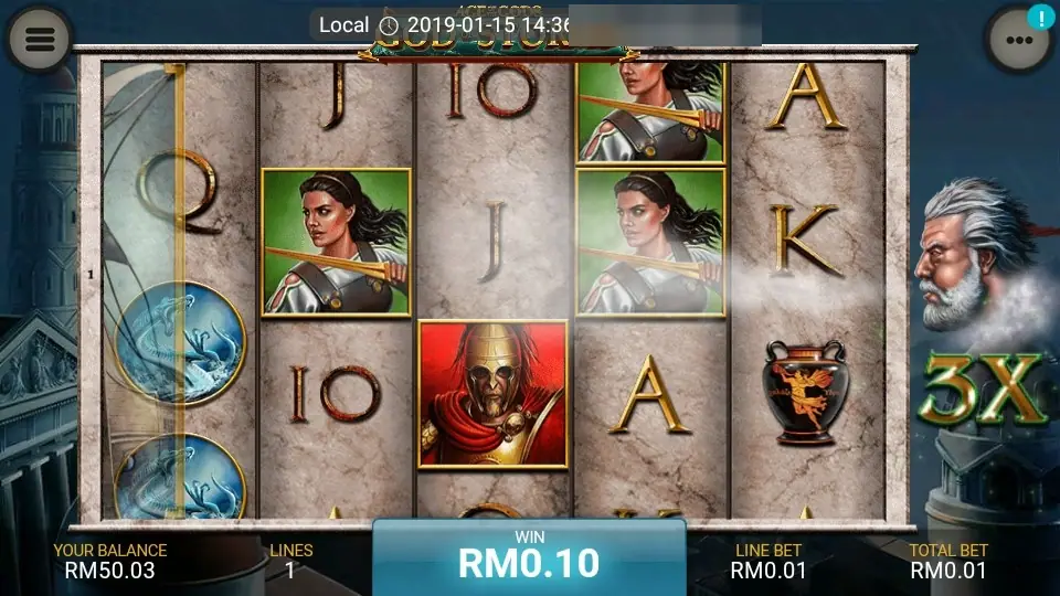 Storm god beside a 3X multiplier, with warrior woman and Spartan symbols on the reels