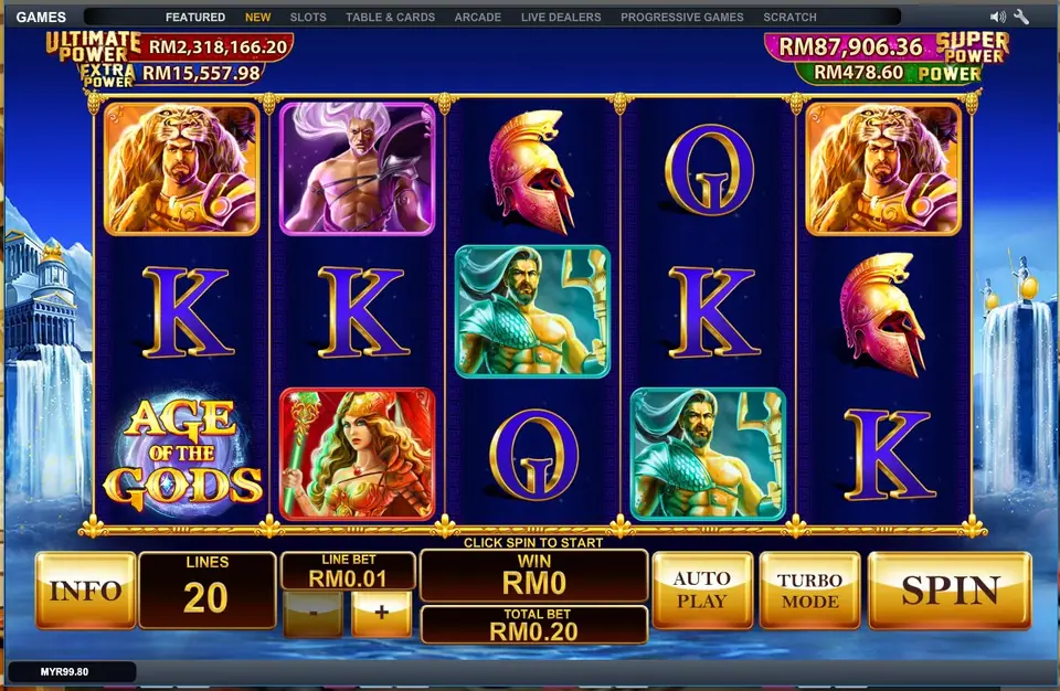 Age of the Gods slot in the LPE88 PC lobby: Greek god portraits, red Spartan helmets and gold letters on blue reels, with Ultimate, Extra, Super and Power jackpot counters at the top