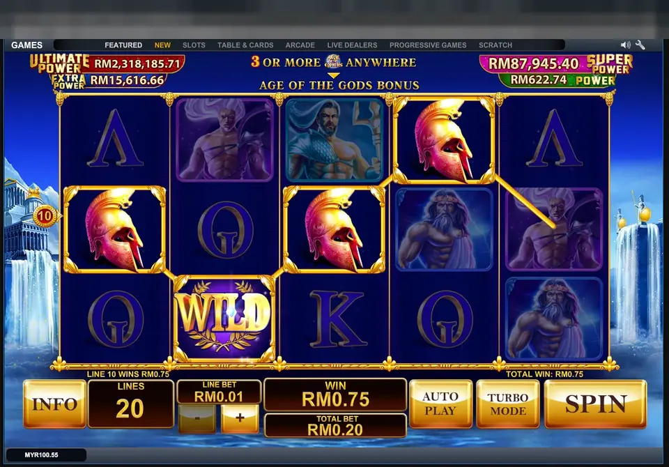 Age of the Gods win on line 10 with three red helmets and a WILD tile highlighted, and the banner 3 or more logos anywhere, Age of the Gods Bonus