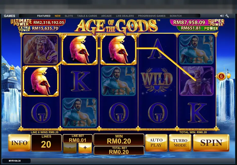 Win on line 6 with three helmets and a WILD, total win RM0.20