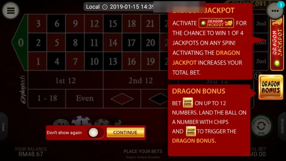 Dragon Jackpot Roulette intro panels explaining the Dragon Jackpot toggle and the Dragon Bonus chip, over the roulette table