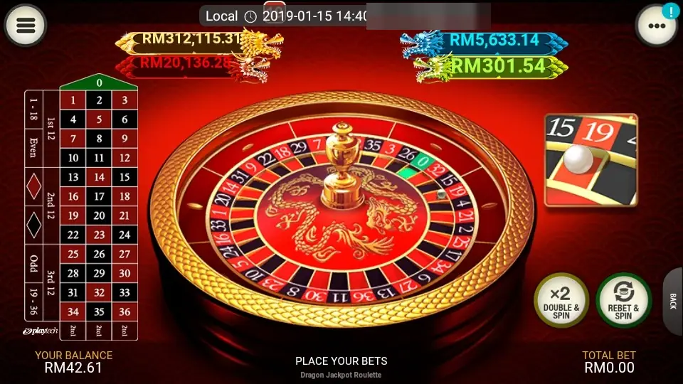 Ball landing on red 19 shown in a close-up box, with Double and Spin and Rebet and Spin buttons