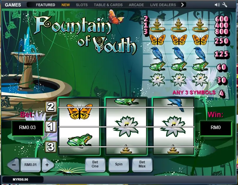 Fountain of Youth slot: a stone fountain on the left, three white reels with a butterfly, lily and frog, and a paytable of fountains, butterflies, birds, frogs and lilies on the right