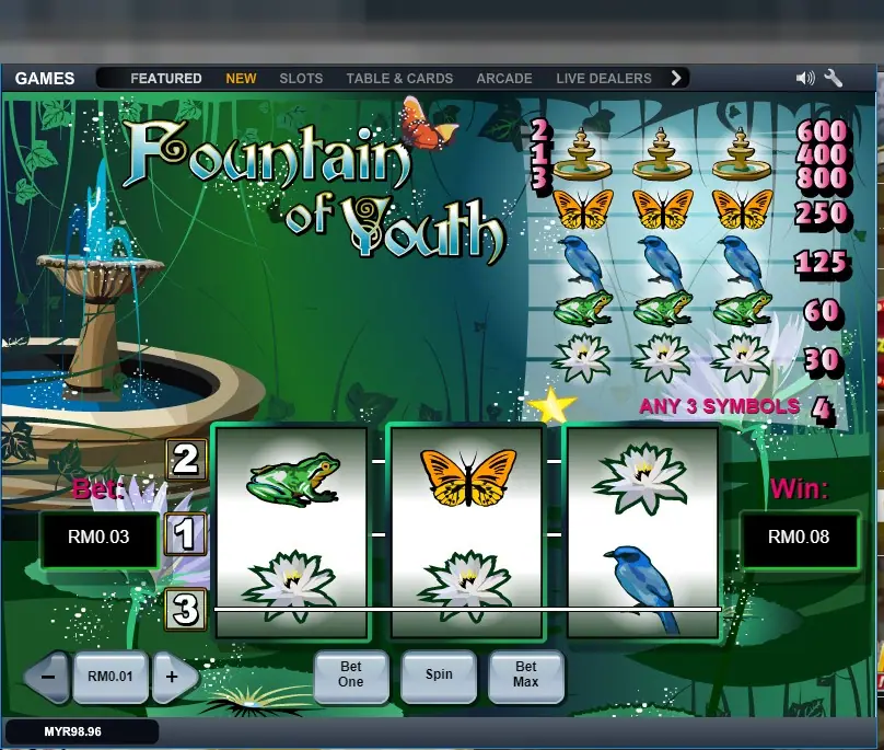 Fountain of Youth with a frog, butterfly and lily on the top row and a RM0.08 win in the Win box
