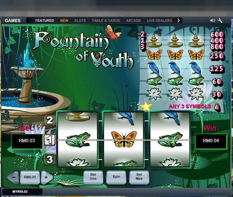 Frog, butterfly and frog across the middle line, with RM0.04 in the Win box