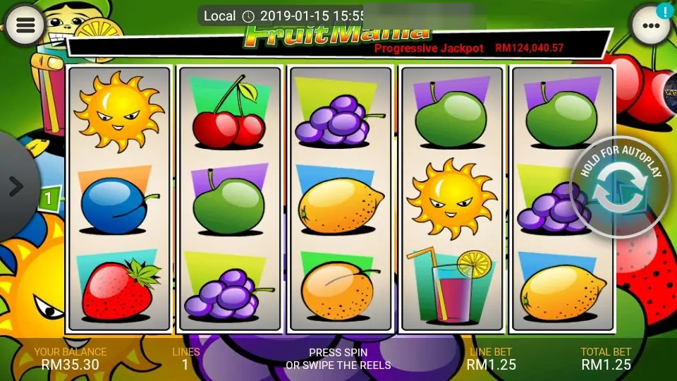 Fruit Mania slot with five reels of cartoon fruit: a grinning sun, cherries, plums, grapes, green apples, lemons, a strawberry and a cocktail glass, under a Progressive Jackpot bar