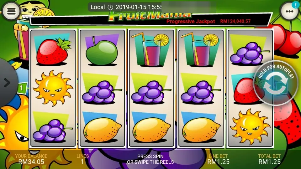 Fruit Mania reels with two cocktail glasses on reels three and four, a row of grapes across the middle and lemons along the bottom
