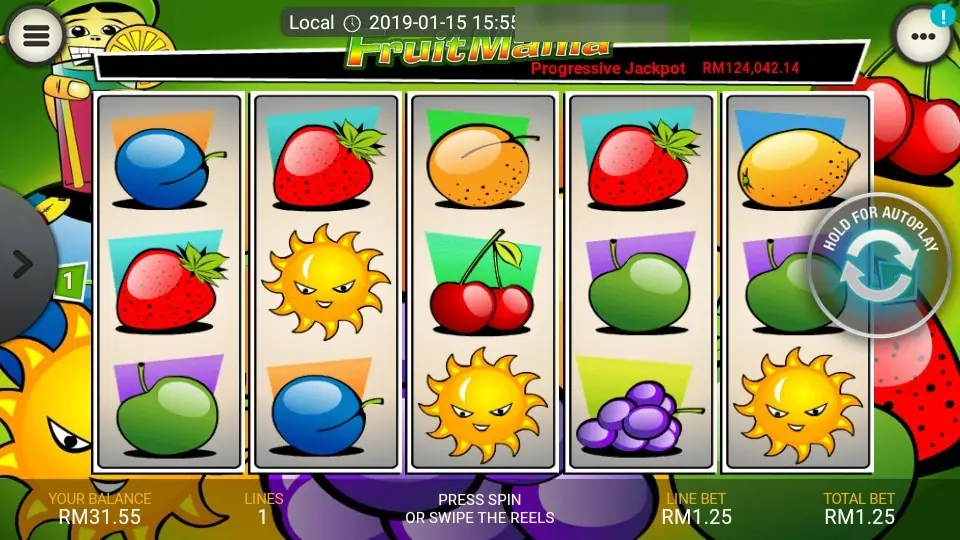 Fruit Mania after a spin with plums, strawberries, oranges, a sun and grapes on the reels and the balance at RM31.55