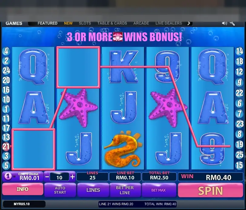 Great Blue with the banner 3 or more shell symbols wins bonus above the reels and a pink win line zig-zagging past two starfish and a seahorse
