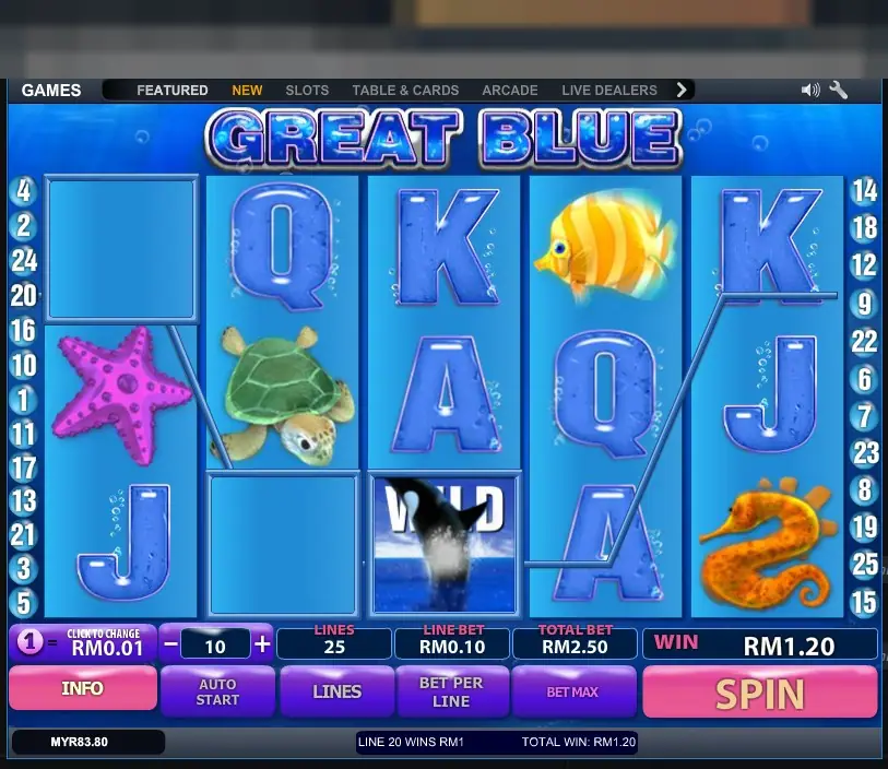 Orca WILD symbol on reel three on a win line that also passes a sea turtle, for a total win of RM1.20
