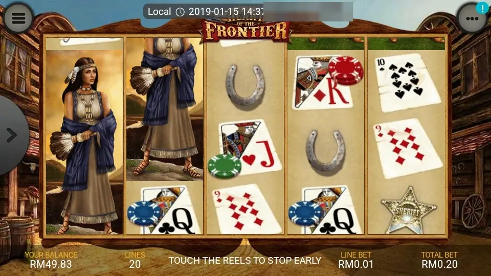Heart of the Frontier slot with a character in a blue shawl filling reels one and two, horseshoes, poker chips on playing cards and a sheriff star on the reels
