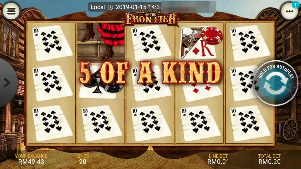 Heart of the Frontier with 5 OF A KIND written in large western letters across the reels, which are covered in 10 of spades cards