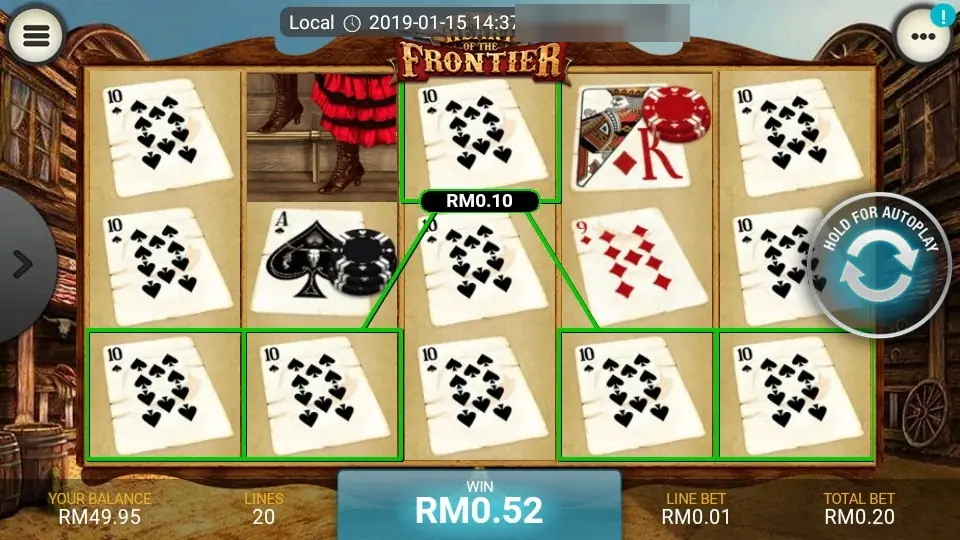 Two winning lines of 10 of spades cards outlined in green, with a RM0.10 tag and a total win of RM0.52