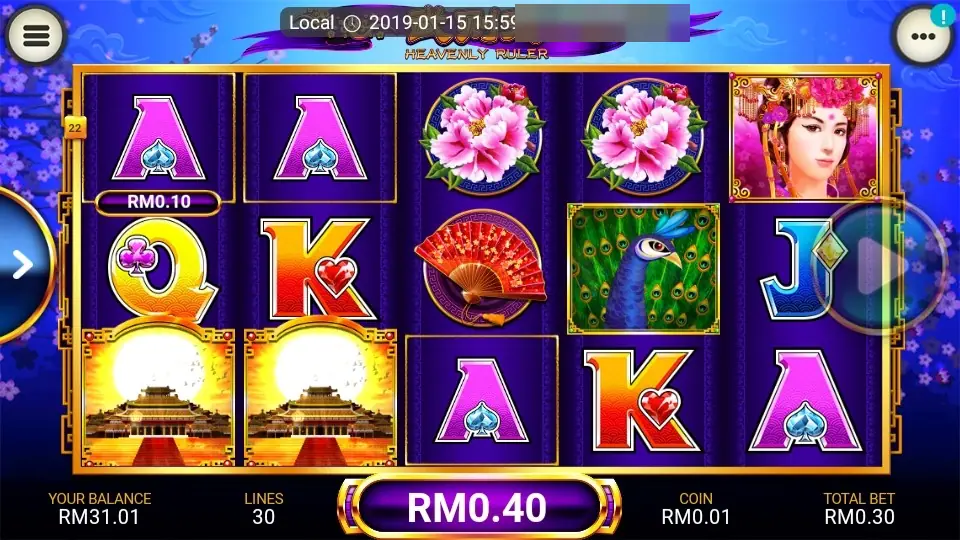 Two palace symbols on the bottom row, a RM0.10 tag on line 22, and a total win of RM0.40 in the centre of the bet bar
