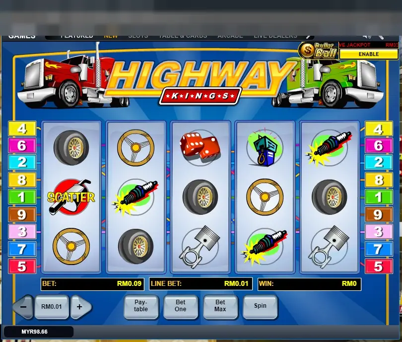 Highway Kings reels with a SCATTER sign on reel one, spark plugs, tyres, steering wheels and pistons, and a Dollar Ball counter with an ENABLE button in the top corner