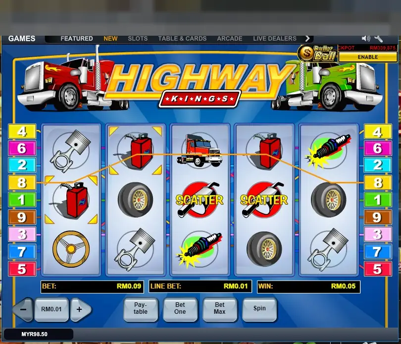 Two SCATTER signs on reels three and four and a jerry can line win of RM0.05 on line 8
