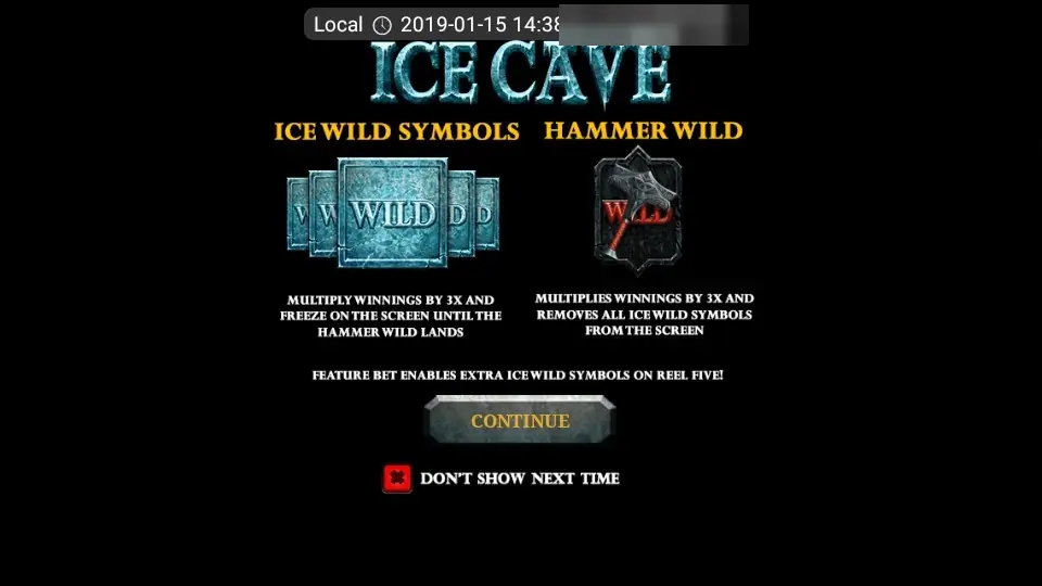 Ice Cave intro screen describing Ice Wild symbols and the Hammer Wild, with a CONTINUE button
