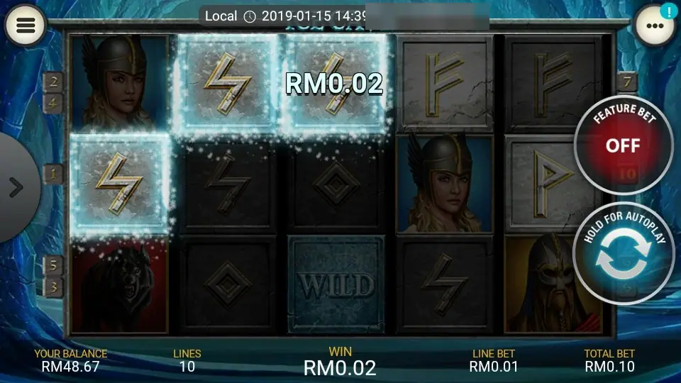Two rune tiles encased in ice on the top rows of reels one and two after a RM0.02 win, with FEATURE BET still OFF