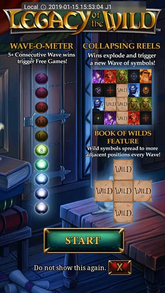 Legacy of the Wild intro screen explaining the Wave-o-Meter, Collapsing Reels and Book of Wilds feature, with a green START button