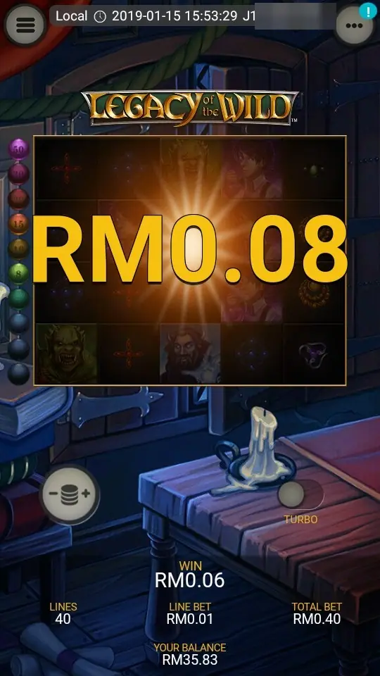 A win of RM0.08 shown in large gold figures over the dimmed grid, with the Wave-o-Meter orbs lit on the left