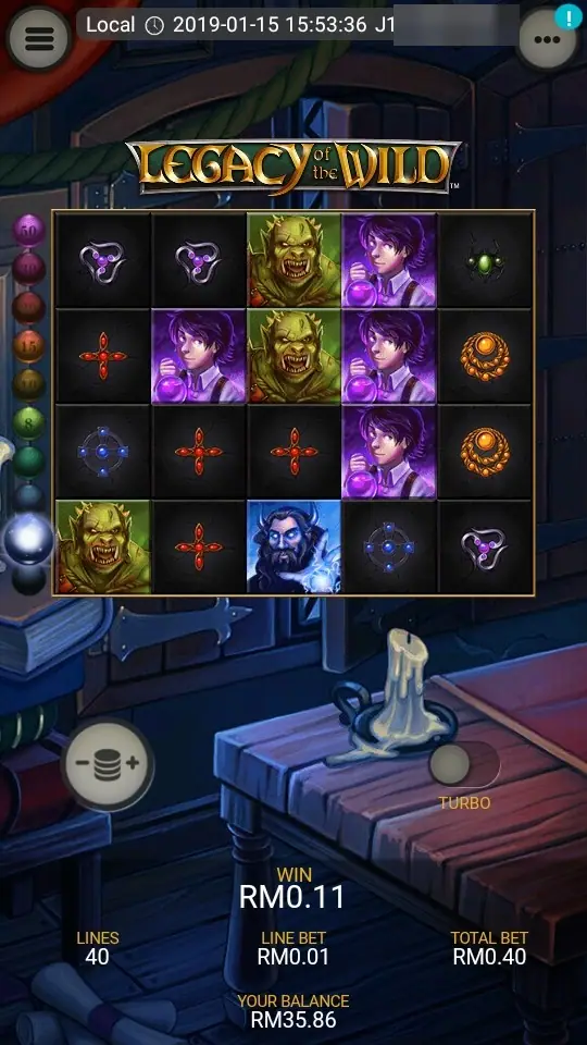 The grid refilled after a collapse, with orc and purple-haired characters in the middle columns and a WIN box of RM0.11