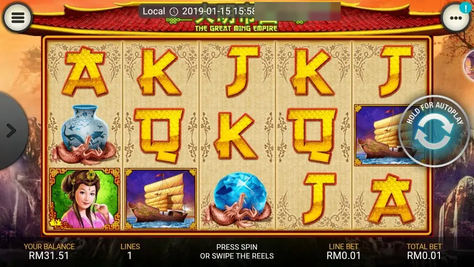 The Great Ming Empire slot with gold A, K, Q and J symbols, a blue porcelain vase, a court lady in green, a junk ship and a blue pearl held by a dragon, under a red temple roof