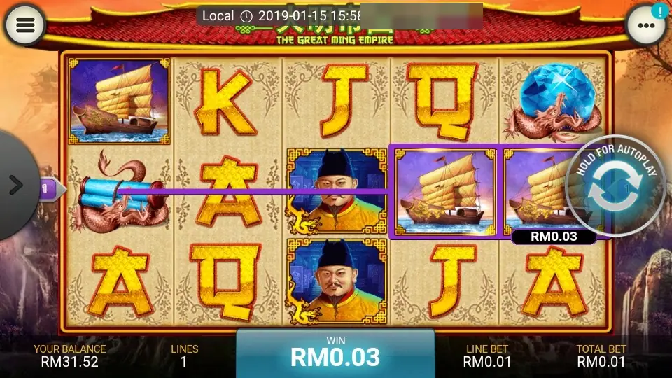 Winning line across the middle row, with the official symbol, two junk ships and a scroll, and a WIN box showing RM0.03