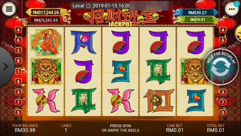 Zhao Cai Jin Bao Jackpot slot with red lanterns at the sides, a phoenix and two guardian lion symbols, fan and coin letter symbols, and four jackpot counters at the top
