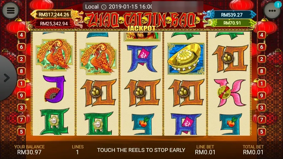 Zhao Cai Jin Bao reels with the English title bar, gold ingots and letter symbols in bright colours