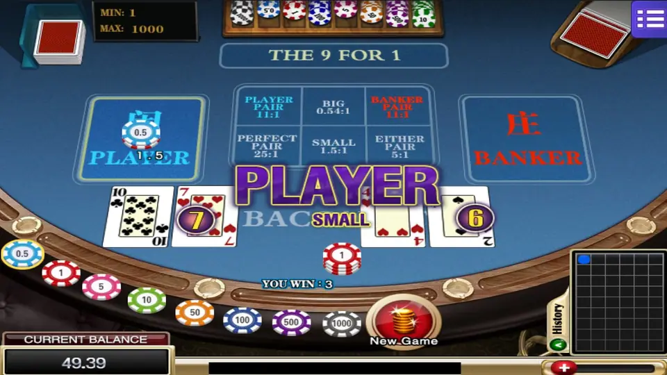 Result screen with PLAYER and SMALL in large letters, Player 7 against Banker 6, YOU WIN 3 and a red New Game button