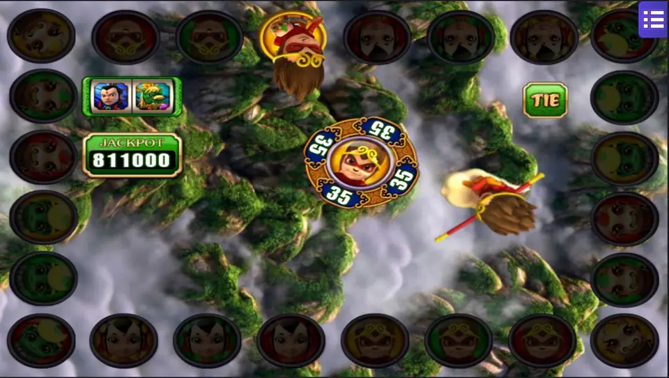The Monkey King figure riding a cloud across a mountain ring, a green Tie label, a jackpot of 811000 and a marker disc on a character token showing 35 on four sides