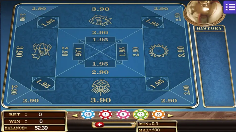 Mega888 Belangkai board with a fish, a prawn, a sun and a fourth emblem, payout numbers 3.90, 2.90 and 1.95, and a gold dome in the top right corner