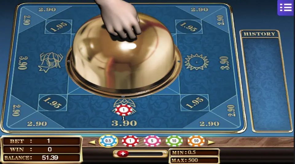 A rendered hand lifting a large gold dome from the centre of the Belangkai board, with a 1 chip placed on the bottom emblem