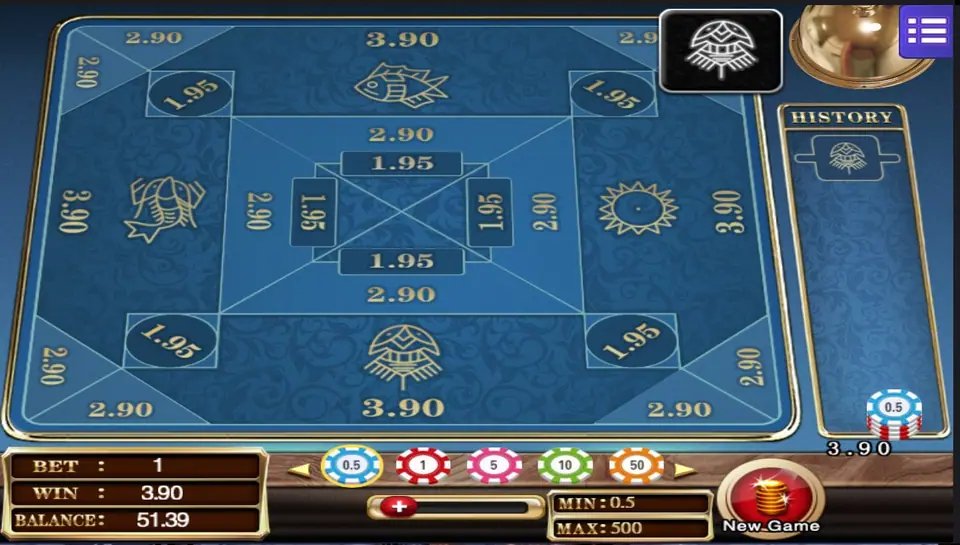 Belangkai result with the bottom emblem shown in a black box at the top right, WIN 3.90, the same emblem added to the History column and a New Game button
