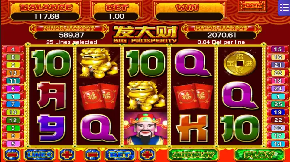 Big Prosperity slot on Mega888 with gold lion statues, red packets, a God of Wealth symbol and Chinese-styled card letters, 25 lines selected and a bet of 1.00
