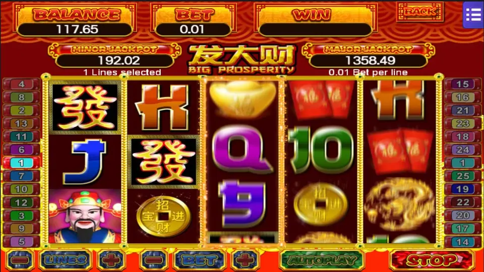 Big Prosperity mid-spin with the STOP button lit, 發 tiles, a J and a God of Wealth symbol on the reels