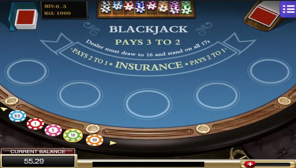 Empty Mega888 Blackjack table with Blackjack pays 3 to 2 and Insurance pays 2 to 1 printed on blue felt, five betting circles and a balance of 55.29