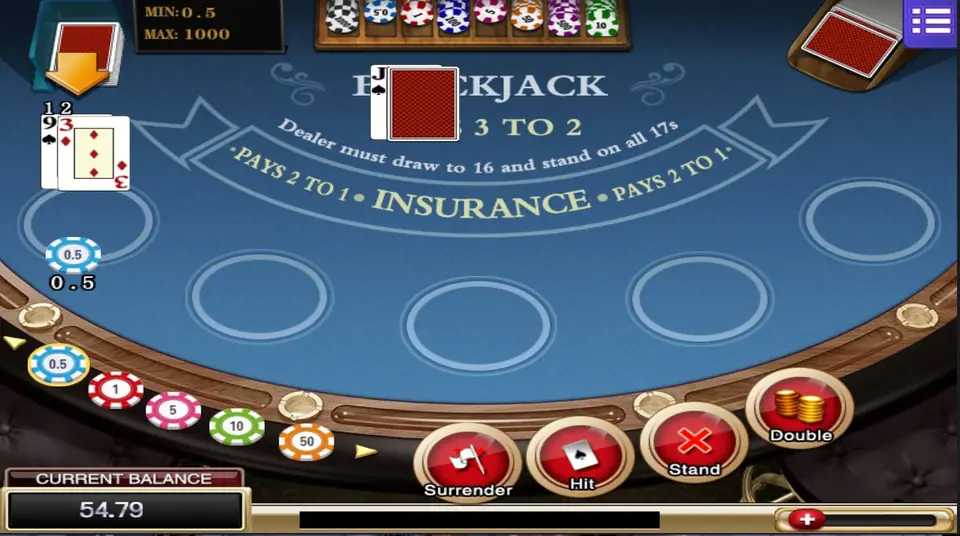 Blackjack hand in progress: a 9 and a 3 for the player, the dealer showing a jack, a 0.5 chip in the circle and Surrender, Hit, Stand and Double buttons