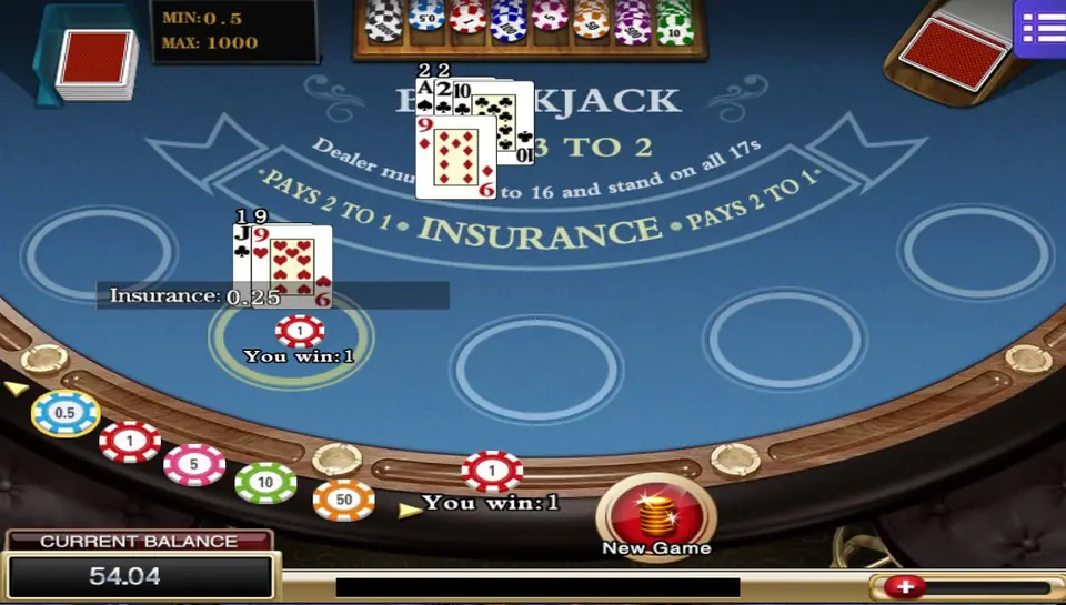 Finished Blackjack hand: player jack and 9 for 19, dealer ace, 2, 10 and 9 for 22, an insurance line of 0.25 and You win 1 under the chip