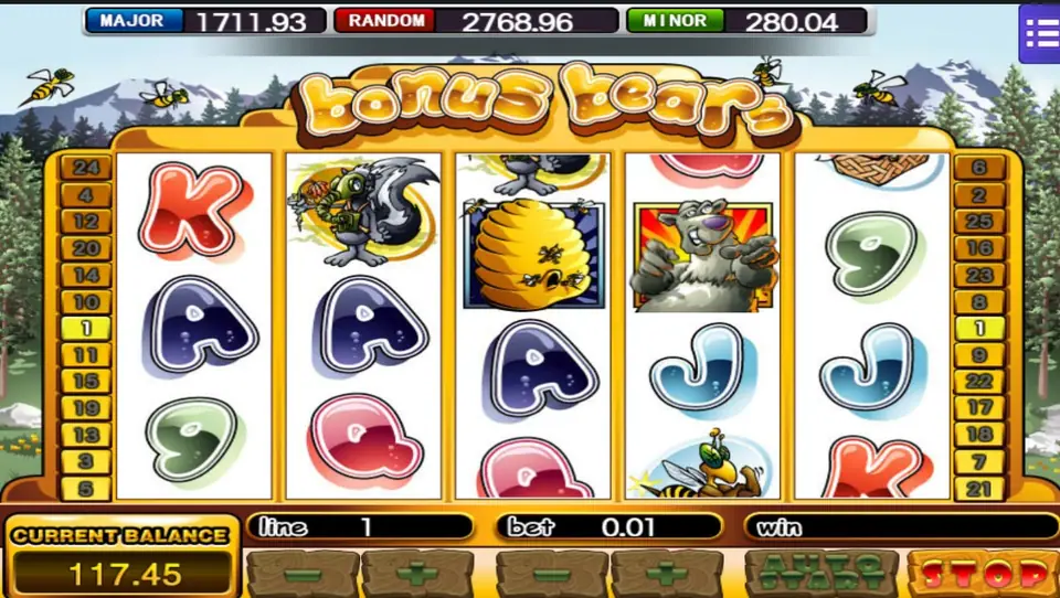 Grizzly bear symbol in a starburst frame on the fourth reel, with a skunk and a beehive on the reels beside it