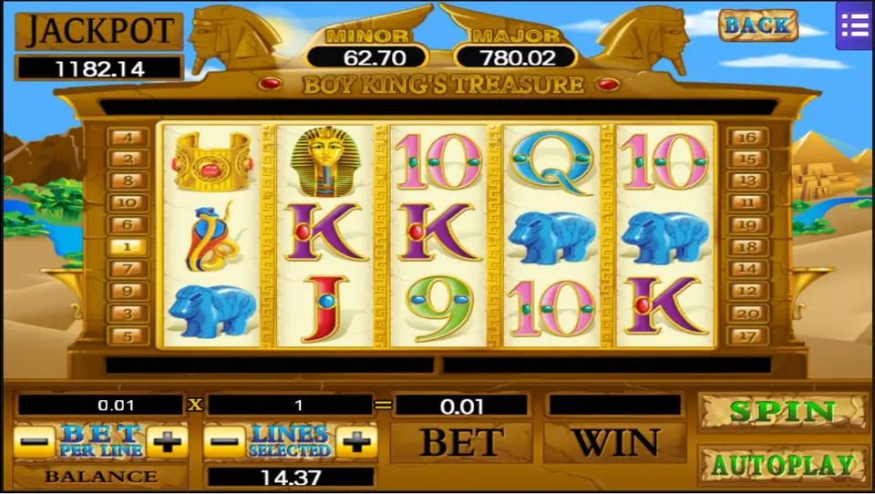 Boy King's Treasure reels with a gold burial mask, a jewelled gold cuff and two blue hippo figures, set to 0.01 x 1 = 0.01