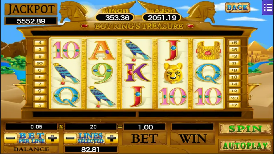 Boy King's Treasure with the bet back at 0.05 x 20 = 1.00, a balance of 82.81 and a JACKPOT box of 5552.89